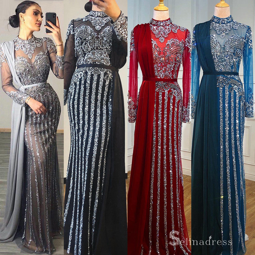 Burgundy Long Sleeve luxury Prom Dress Dubai Evening Formal Gown SC046