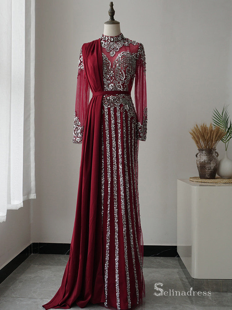 Burgundy Long Sleeve luxury Prom Dress Dubai Evening Formal Gown SC046