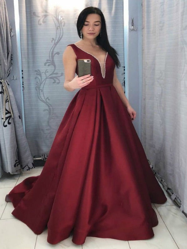 Burgundy Satin Prom Long Dresses with Deep V-neckline FD008