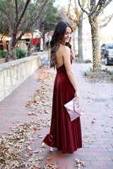 Burgundy Velvet Floor-Length Prom Dress Halter Neck FD017