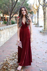 Burgundy Velvet Floor-Length Prom Dress Halter Neck FD017