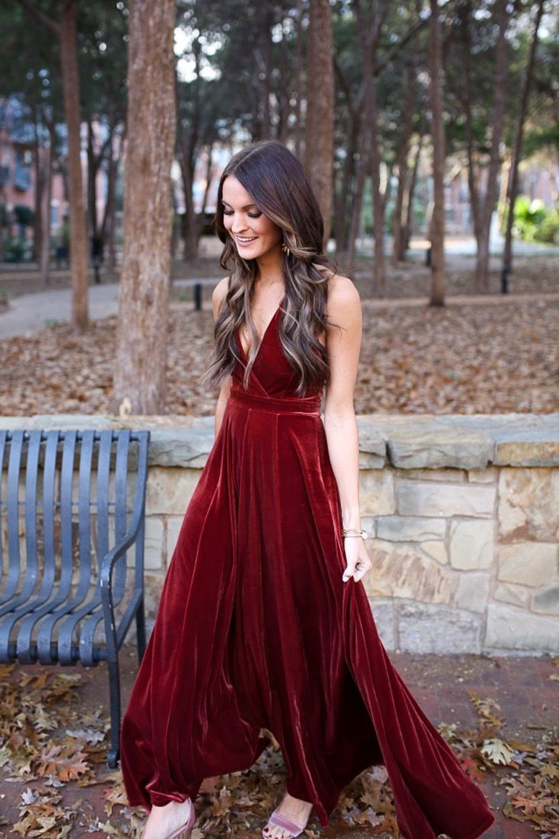 Burgundy Velvet Floor-Length Prom Dress Halter Neck FD017