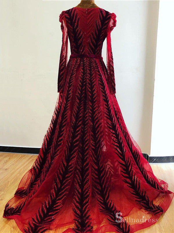 Burgundy Velvet Plus Size Long Prom Dress Luxury Evening Formal Gown SC043