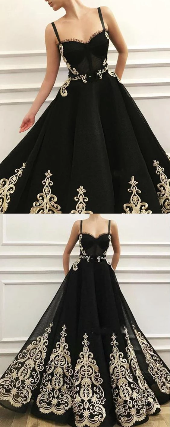 Charming A-Line Black Prom Dresses with Gold Appliques Prom Dress Evening Dress #SED195 | Selinadress