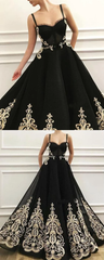 Charming A-Line Black Prom Dresses with Gold Appliques Prom Dress Evening Dress #SED195 | Selinadress