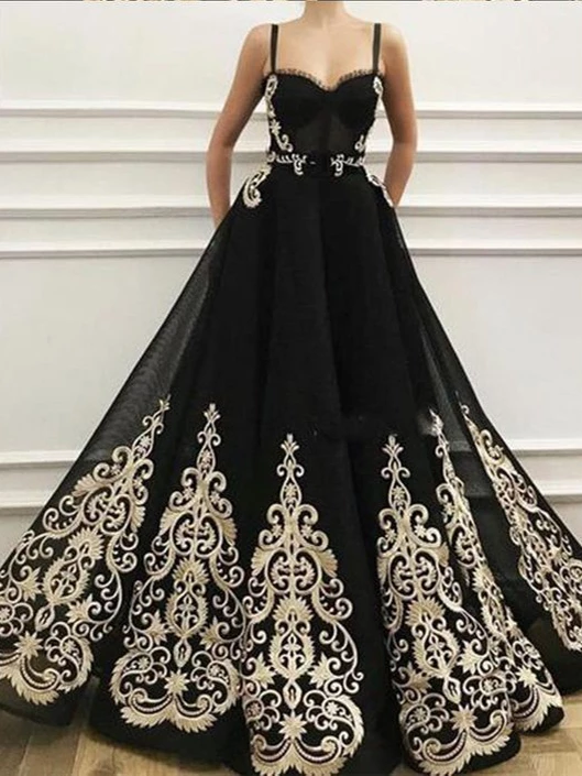 Charming A-Line Black Prom Dresses with Gold Appliques Prom Dress Evening Dress #SED195 | Selinadress