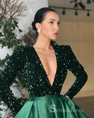 Chic A-line Deep V neck Long Sleeve Prom Dresses Dark Green Sequins Long Evening Gowns MLH0446|Selinadress