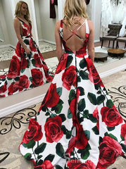 Chic A-line Deep V neck Print Floral Long Prom Dresses Cheap Evening Dress CBD397|Selinadress