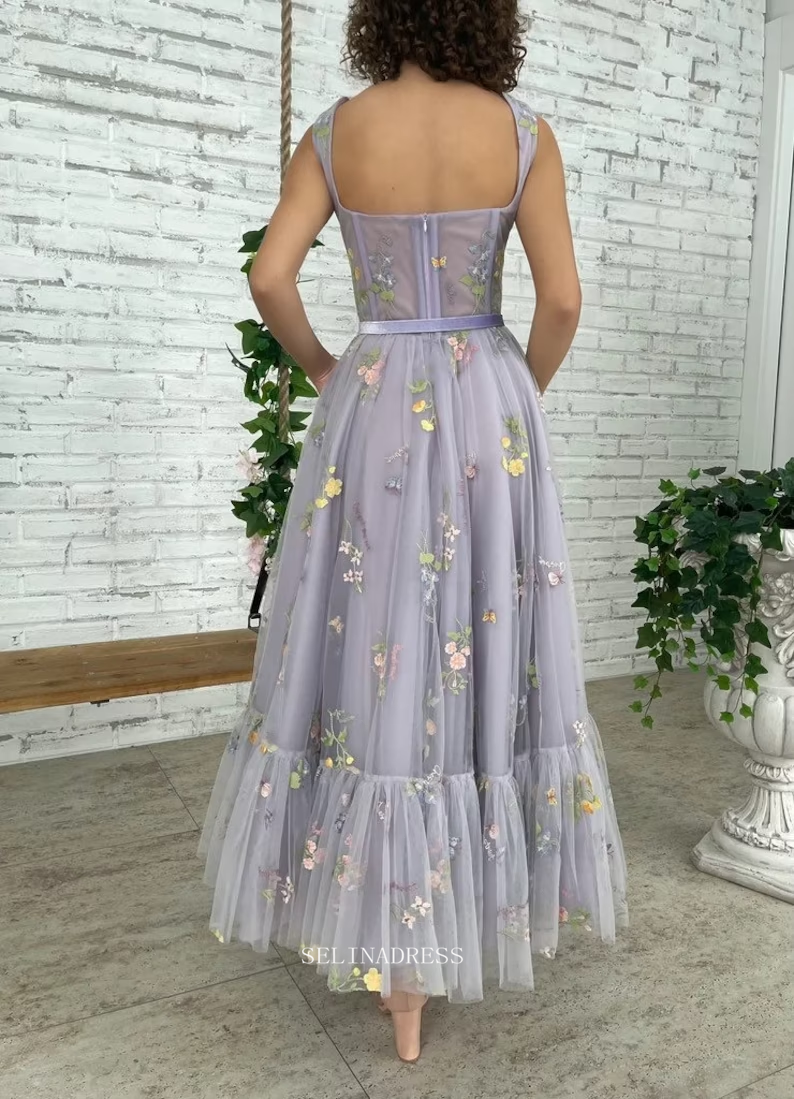 Chic A-line Flower Appliqu Tulle Lilac Prom Dresses Embellished Evening Dress POL013|Selinadress