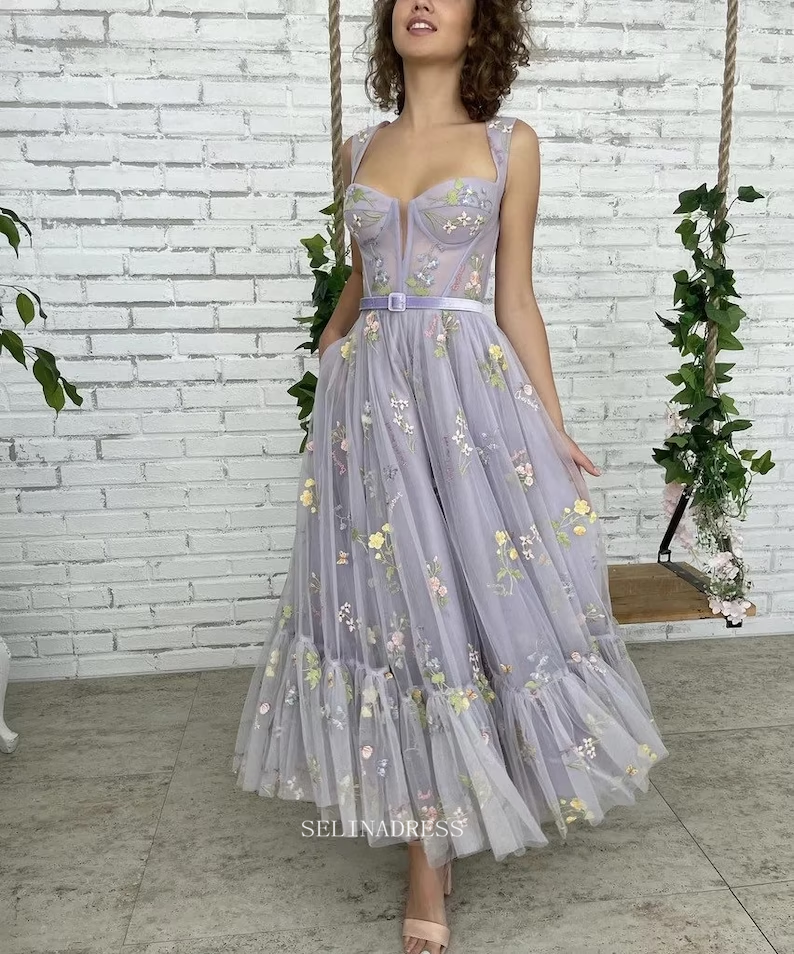 Chic A-line Flower Appliqu Tulle Lilac Prom Dresses Embellished Evening Dress POL013|Selinadress