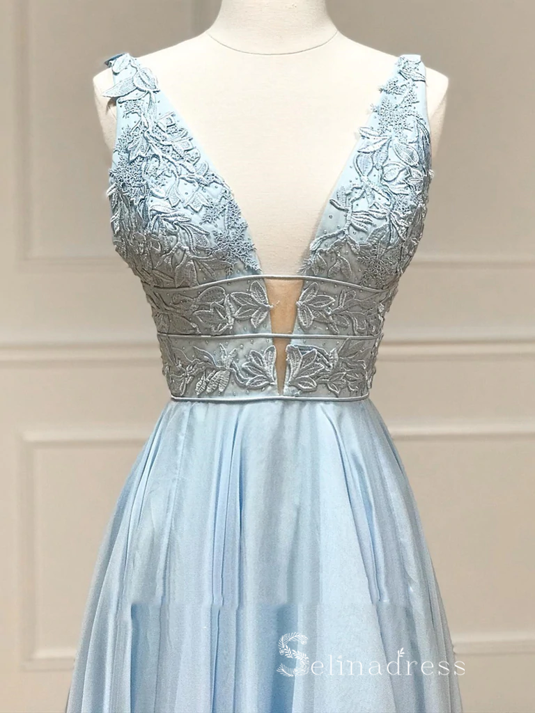 Chic A-line Gorgeous Long Prom Dresses V neck Light Sky Blue Evening Dresses MLH1233|Selinadress