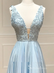 Chic A-line Gorgeous Long Prom Dresses V neck Light Sky Blue Evening Dresses MLH1233|Selinadress