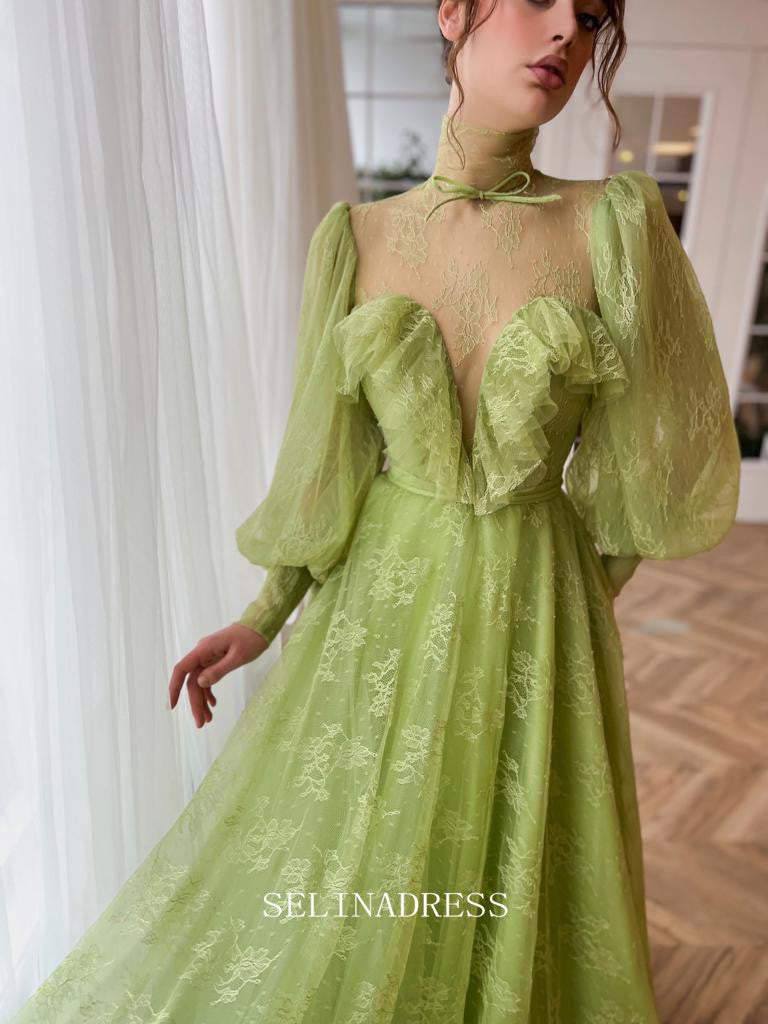 Chic A-line High Neck Romantic Lace Long Prom Dress Long Sleeve Charming Evening Gown #LOP203|Selinadress