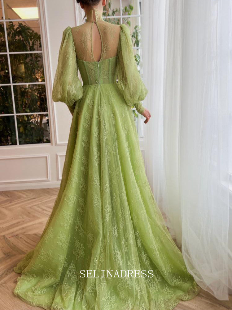 Chic A-line High Neck Romantic Lace Long Prom Dress Long Sleeve Charming Evening Gown #LOP203|Selinadress