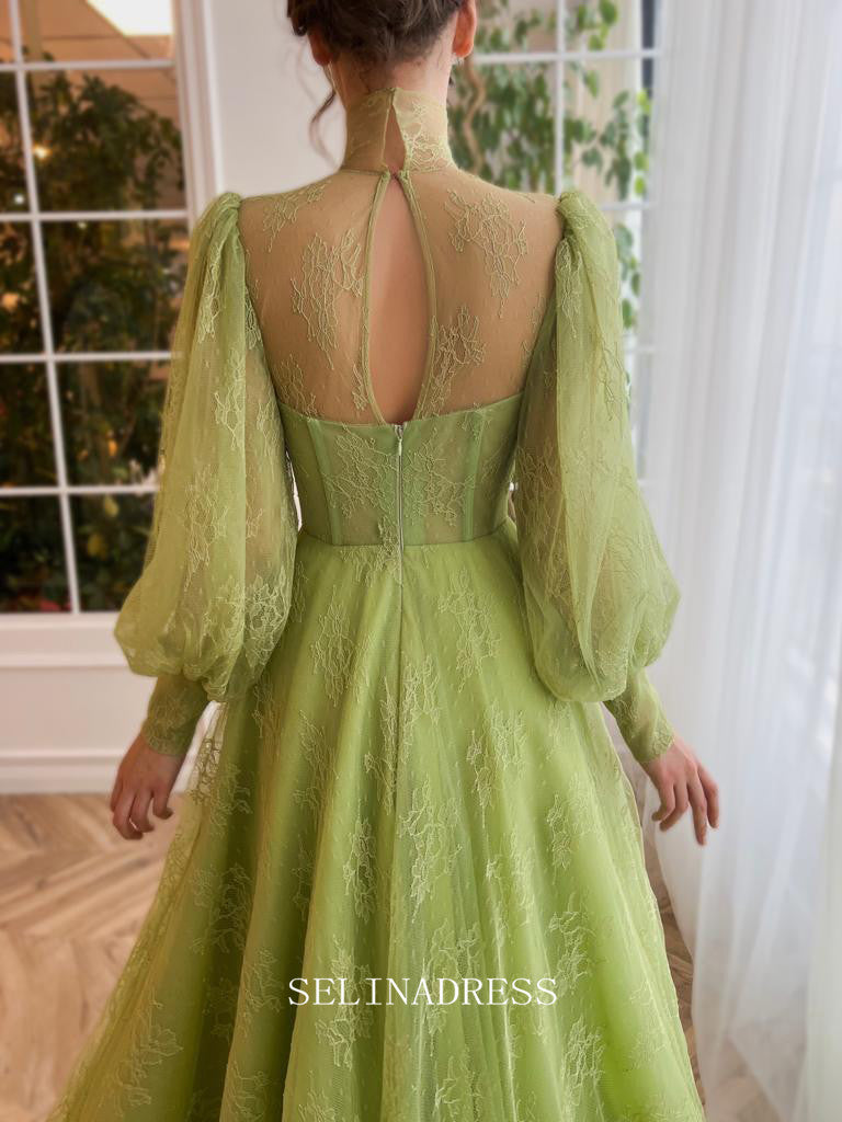 Chic A-line High Neck Romantic Lace Long Prom Dress Long Sleeve Charming Evening Gown #LOP203|Selinadress