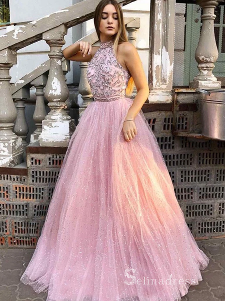 Pink beaded evening on sale gowns