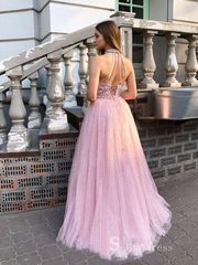 Chic A-line High Neck Sparkly Long Prom Dresses Pink Beaded Evening Gowns MHL169|Selinadress