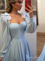 Chic A-line Light Sky Blue Chiffon Prom Dresses Long Sleeve Evening Dress MHL181|Selinadress