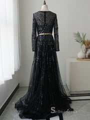 Chic A-line Long Sleeve luxury Black Long Prom Dress Beaded Evening Gowns MLH0464|Selinadress