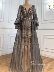 Chic A-line Long Sleeve Prom Dresses Lace Beaded Evening Dress CBD302