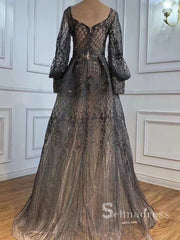 Chic A-line Long Sleeve Prom Dresses Lace Beaded Evening Dress CBD302