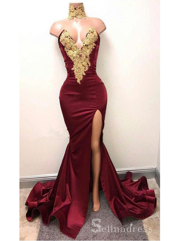 Lunss Glamorous Beaded Gold Lace Burgundy Mermaid Prom Dress