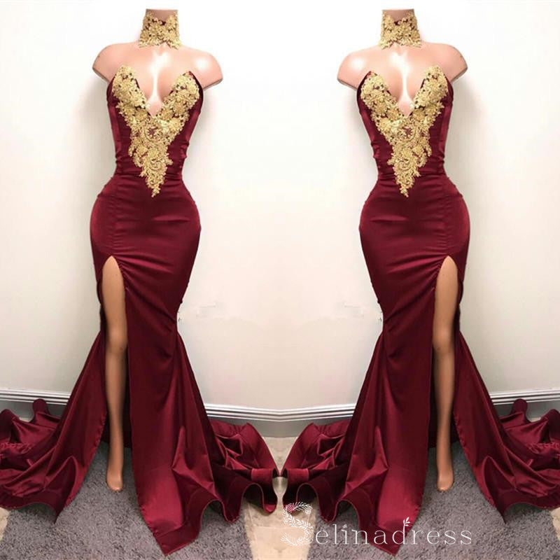 Chic A-line Mermaid Sexy Long Prom Dresses Burgundy Gold African Prom Dress CBD395|Selinadress