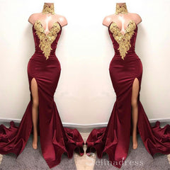 Chic A-line Mermaid Sexy Long Prom Dresses Burgundy Gold African Prom Dress CBD395|Selinadress