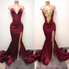 Chic A-line Mermaid Sexy Long Prom Dresses Burgundy Gold African Prom Dress CBD395|Selinadress