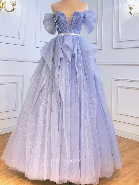 Chic A-line Off Shoulder Bule Long Prom Dresses Long Evening Dress Formal Dresses POL012|Selinadress