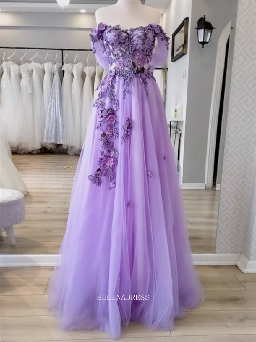 Chic A-line Off Shoulder Lilac Long Prom Dresses Floral Applique Prom Dress Evening Gowns POL017|Selinadress