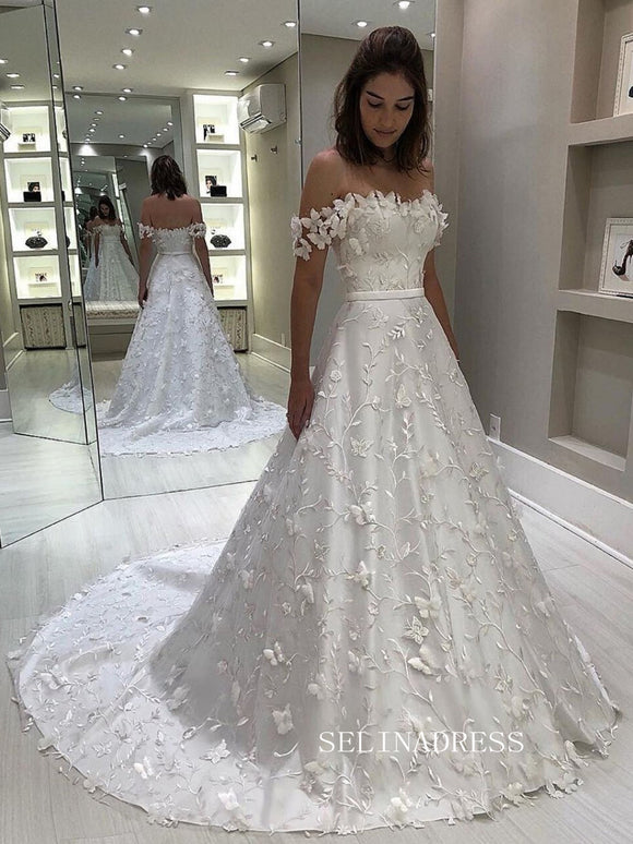 Chic A-line Off-the-shoulder 3D Floral Lace Wedding Dress Satin