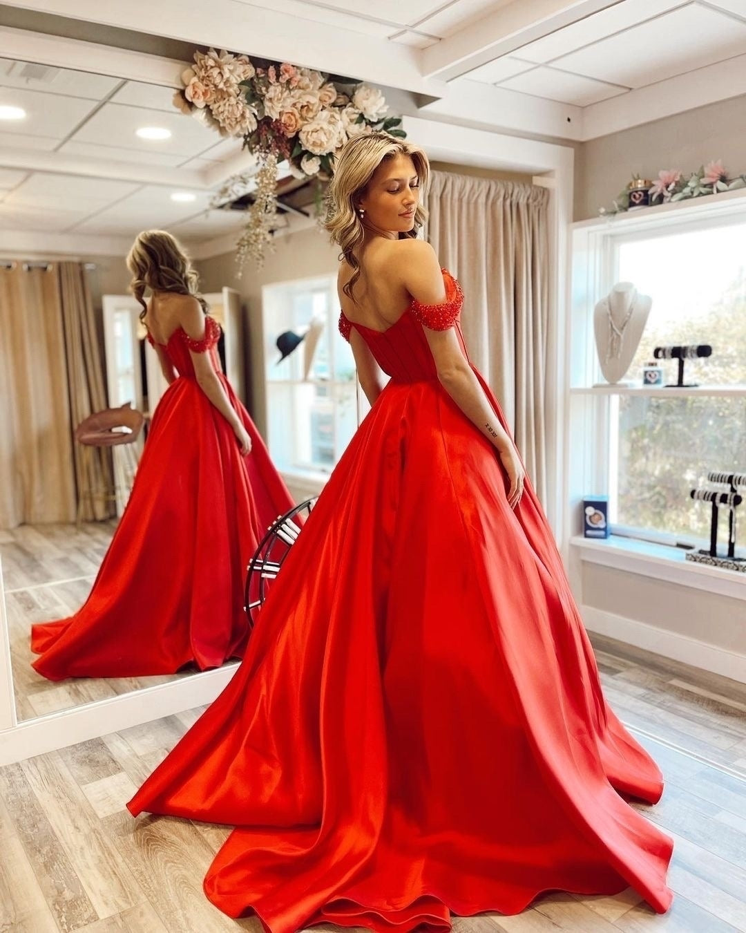 Chic A-line Off-the-shoulder Beaded Long Prom Dress Red Satin Elegant Evening Dress #JKSS57|Selinadress