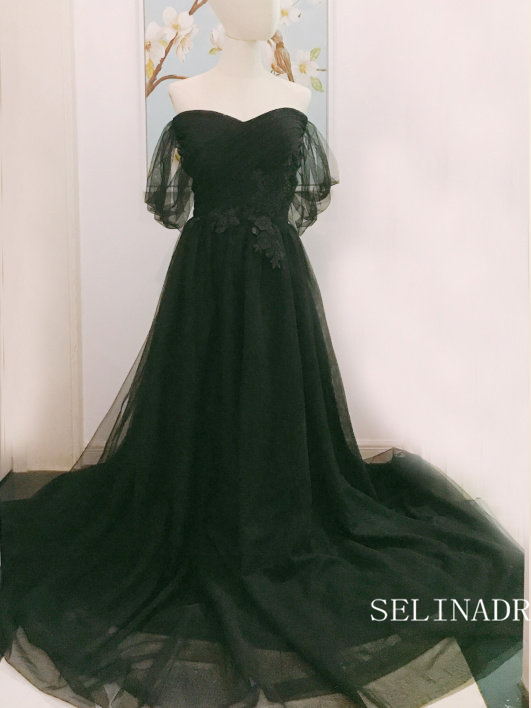 A-line Strapless Black long Prom Dress Sparkly Beaded Formal