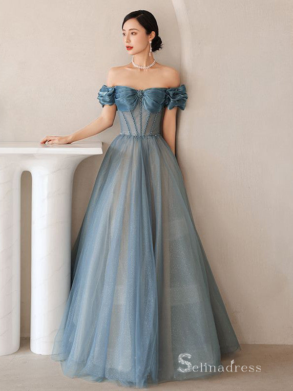 Chic A-line Off-the-shoulder Blue Long Prom Dresses Tulle Formal Gowns CBD215|Selinadress