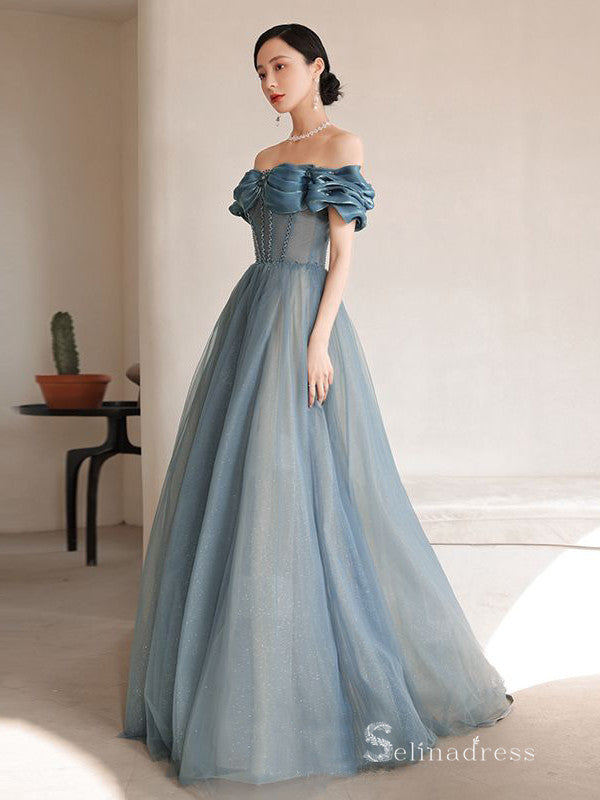 Chic A-line Off-the-shoulder Blue Long Prom Dresses Tulle Formal Gowns CBD215|Selinadress