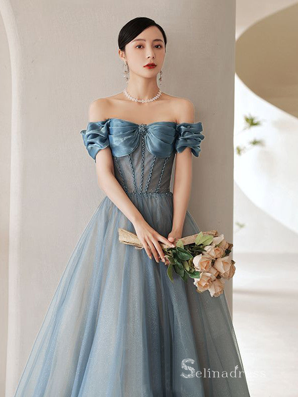 Chic A-line Off-the-shoulder Blue Long Prom Dresses Tulle Formal Gowns CBD215|Selinadress