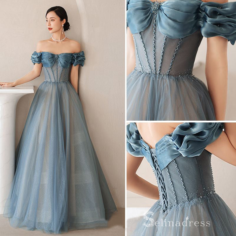 Chic A-line Off-the-shoulder Blue Long Prom Dresses Tulle Formal Gowns CBD215|Selinadress