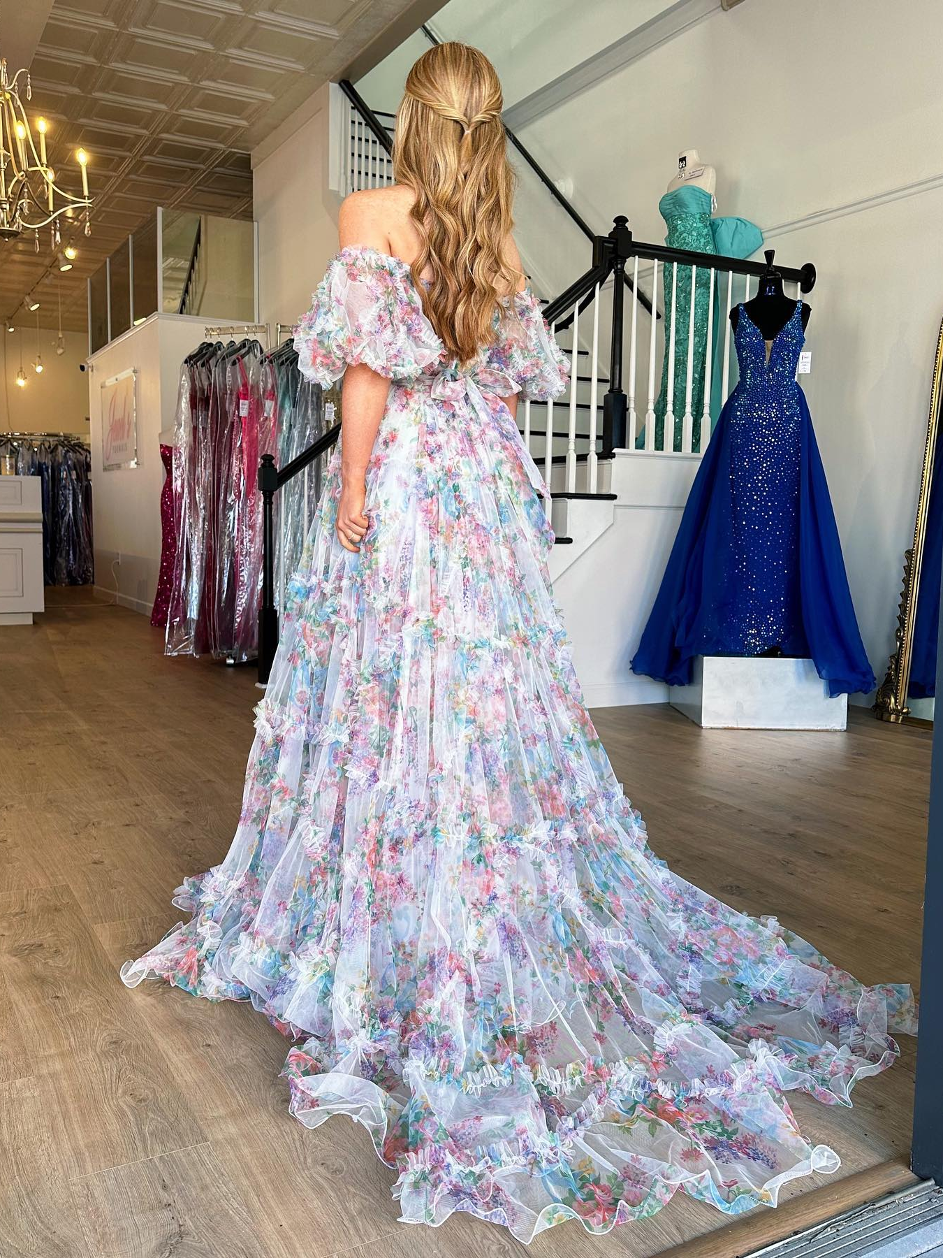 Chic A-line Off-the-shoulder Flower Long Prom Dress Tulle Elegant Evening Dress #JKSS620|Selinadress