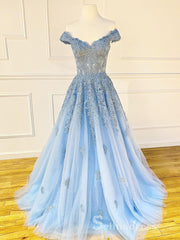 Chic A-line Off-the-shoulder Light Sky Blue Long Prom Dresses Applique Evening Dress CBD383|Selinadress