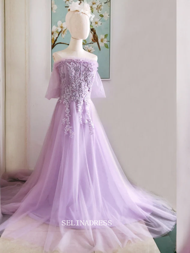 Chic A-line Off-the-shoulder Lilac Long Prom Dresses With Sleeve Formal Dress Beaded Evening Dress OSTY038|Selinadress