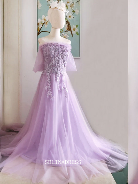 Chic A-line V neck Lace Beaded Long Prom Dress Lilac Elegant Evening D –  SELINADRESS