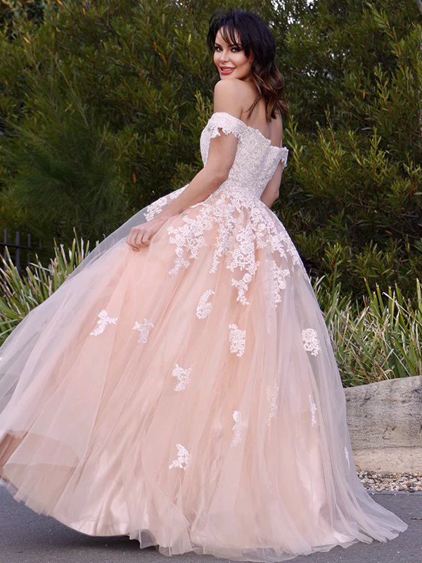 Chic A-line Off-the-shoulder Long Prom Dress Tulle Applique Evening Dress JKW220|Selinadress