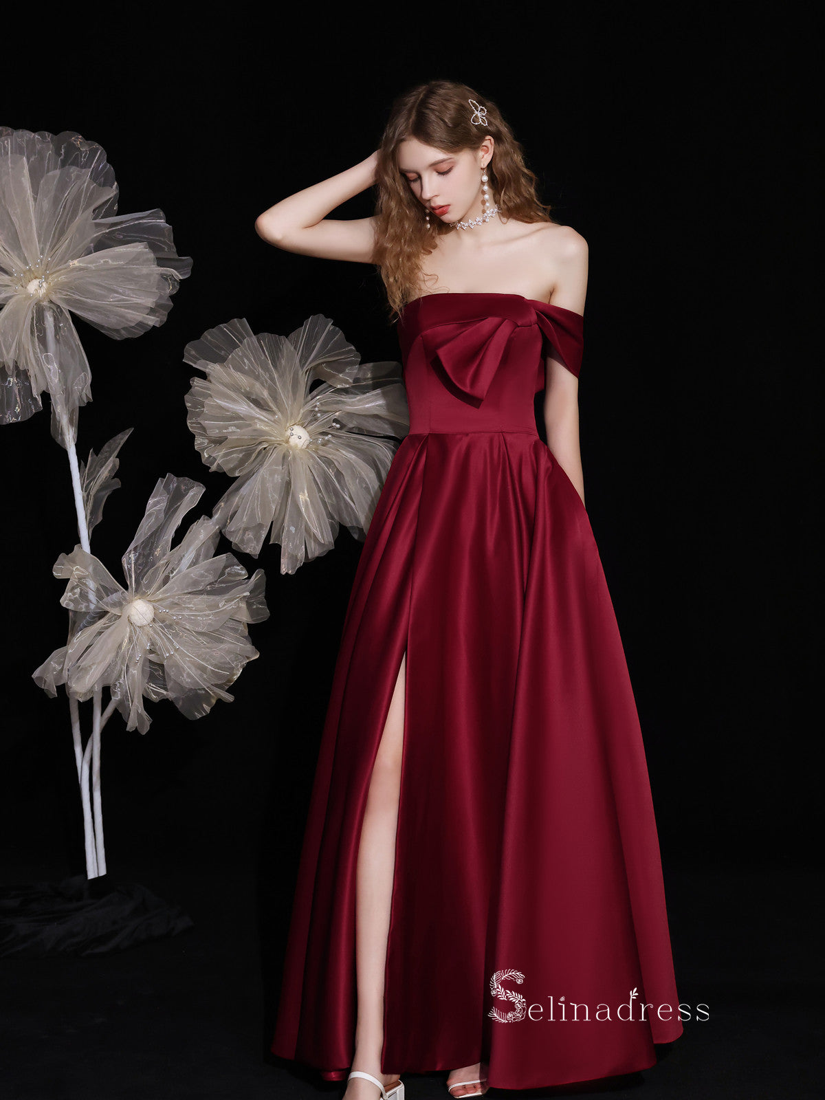 Chic A-line Off-the-shoulder Long Prom Dresses Burgundy Formal Gowns CBD122