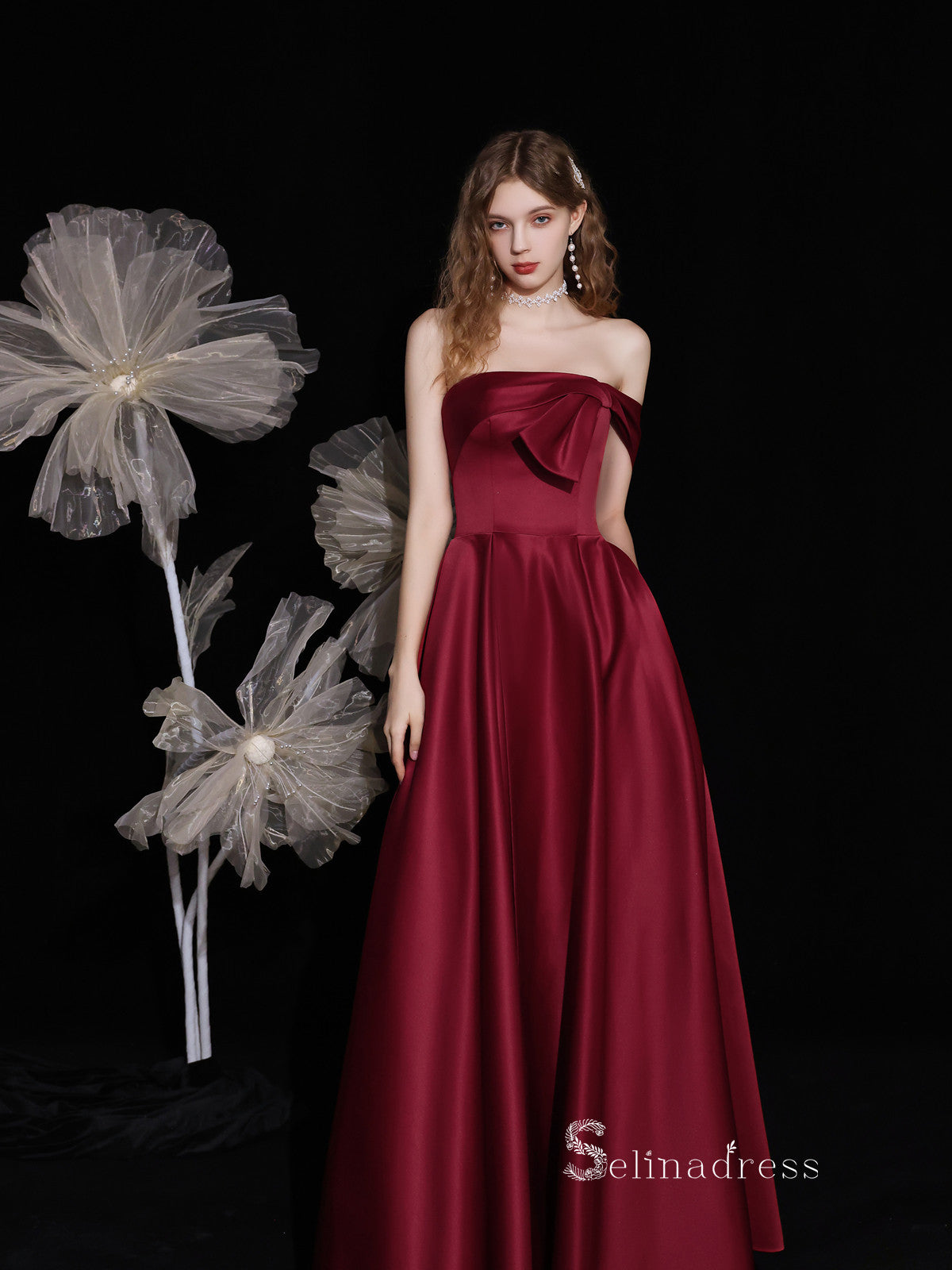 Chic A-line Off-the-shoulder Long Prom Dresses Burgundy Formal Gowns CBD122