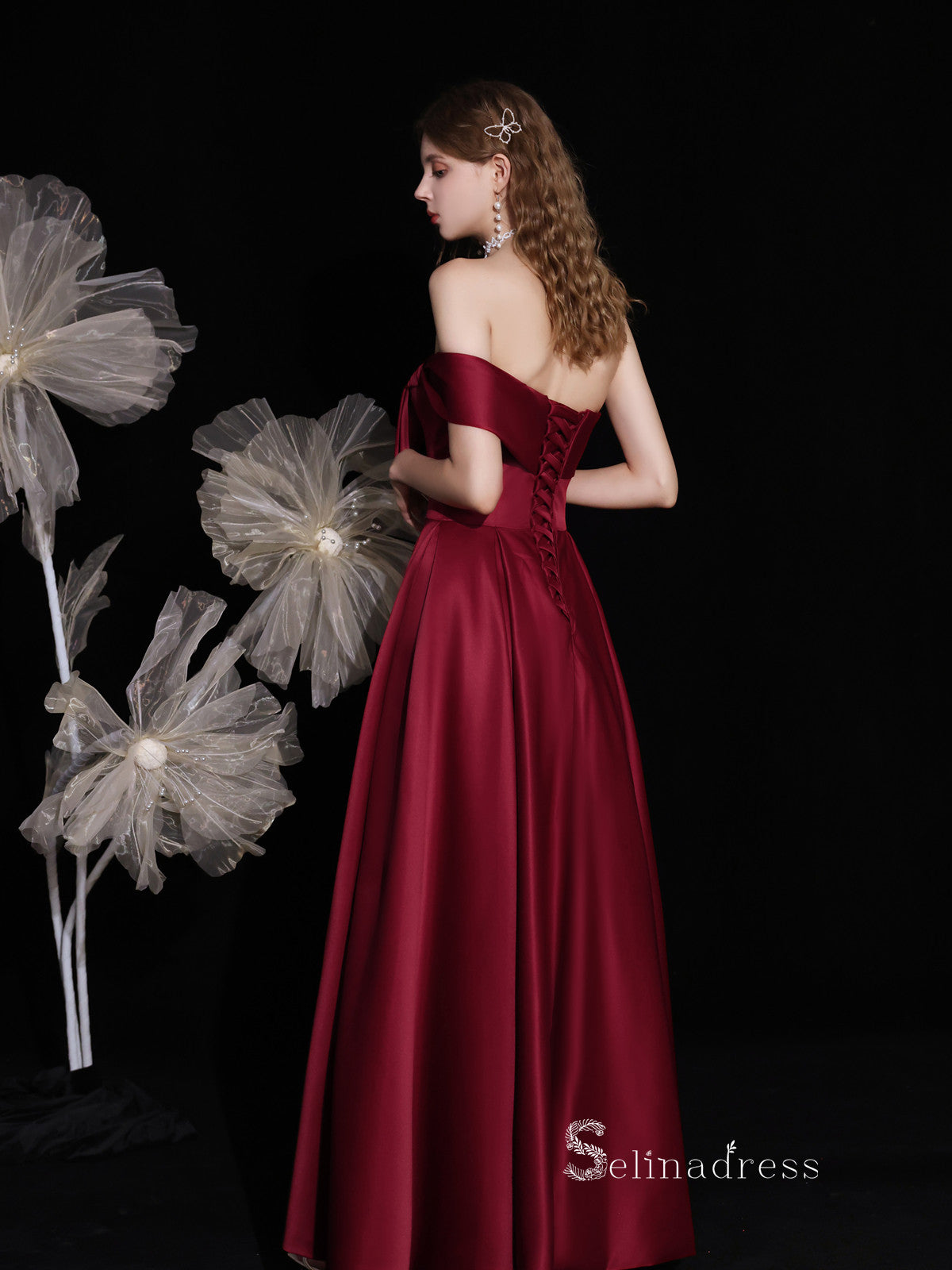 Chic A-line Off-the-shoulder Long Prom Dresses Burgundy Formal Gowns CBD122