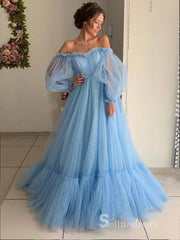 Chic A-line Off-the-shoulder Long Prom Dresses Long Sleeve Elegant Evening Gowns MHL143|Selinadress