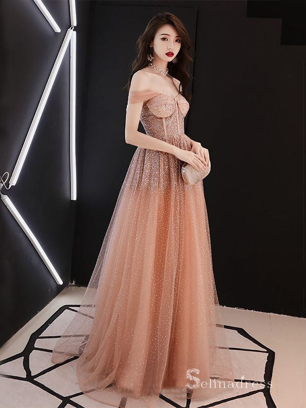 Chic A-line Off-the-shoulder Long Prom Dresses Sparkly Tulle Formal Gowns CBD214|Selinadress