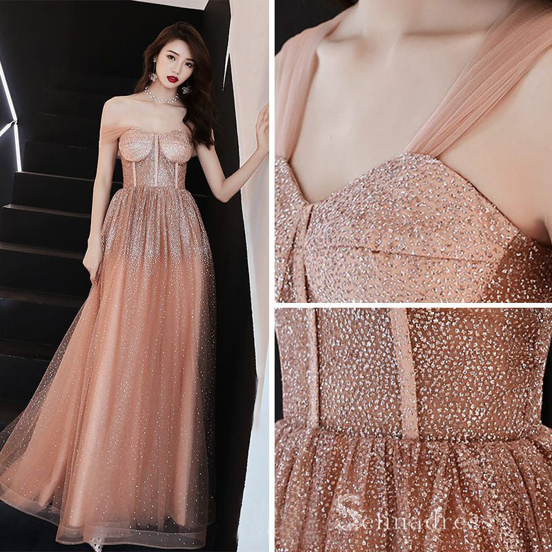 Chic A-line Off-the-shoulder Long Prom Dresses Sparkly Tulle Formal Gowns CBD214|Selinadress