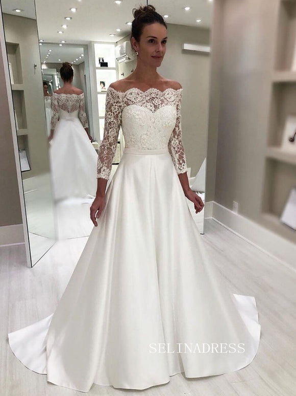 Chic A-line Long Sleeve Satin Wedding Dress Rustic White Bridal Gowns –  SELINADRESS